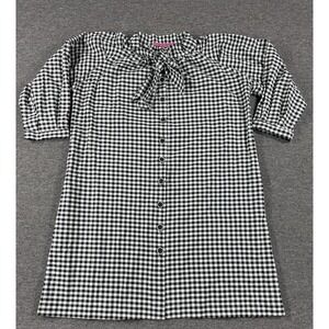 BURU Dress Womens Large Black White Gingham Bow Neck Button Front‎ Made USA